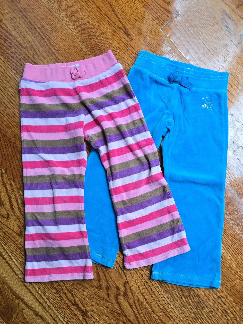 OshKosh B'gosh Bright Blue Velour Joggers and Pink Multi-Stripe Velour Pants 3T